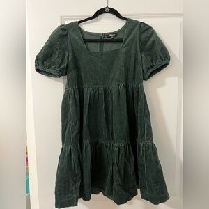 Madewell Green Corduroy Puff-Sleeve Dress